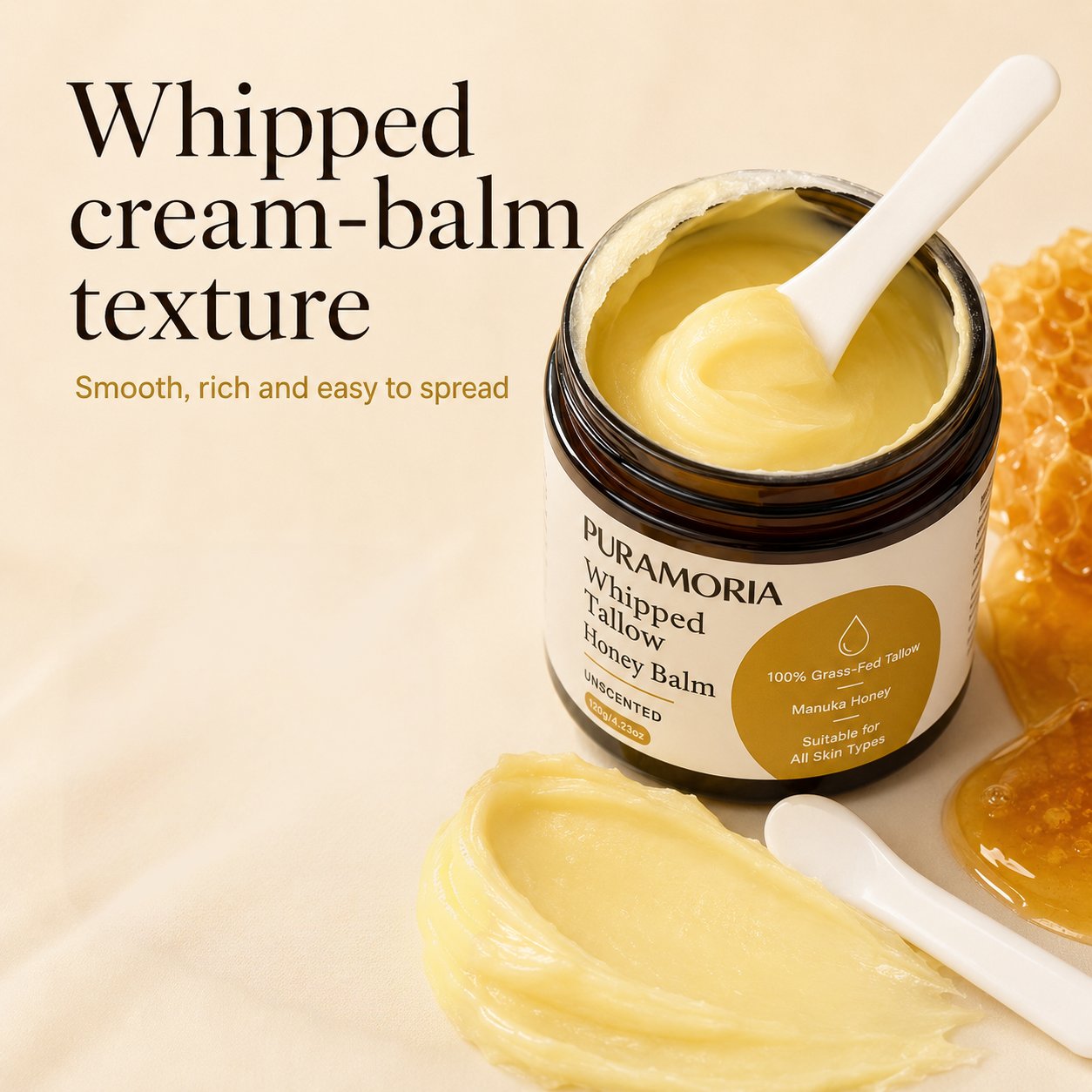 Close-up of PURAMORIA Whipped Beef Tallow Honey Balm in an amber jar, showing its rich, smooth, easy-to-spread cream-balm texture.
