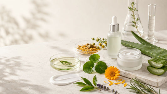 Botanical skincare ingredients with aloe vera, chamomile, calendula, green tea leaves, cream and serum on a clean stone surface.