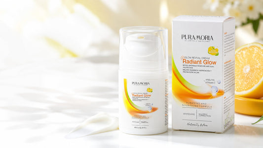 Puramoria Radiant Glow Vitamin C day cream for dull-looking skin with a bright skincare background.