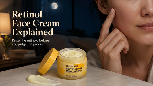Retinol face cream guide with realistic skin texture and night skincare routine