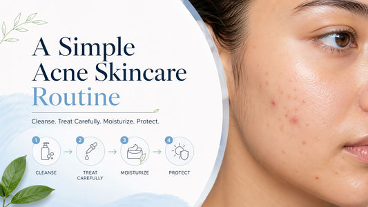 Simple acne skincare routine with realistic acne-prone skin and four core steps cleanse treat moisturize and protect