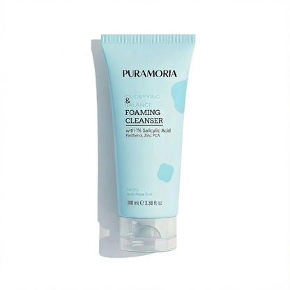 The PURAMORIA Salicylic Acid Balance Foaming Cleanser bottle displayed on a clean white background, designed for oily and acne-prone skin.