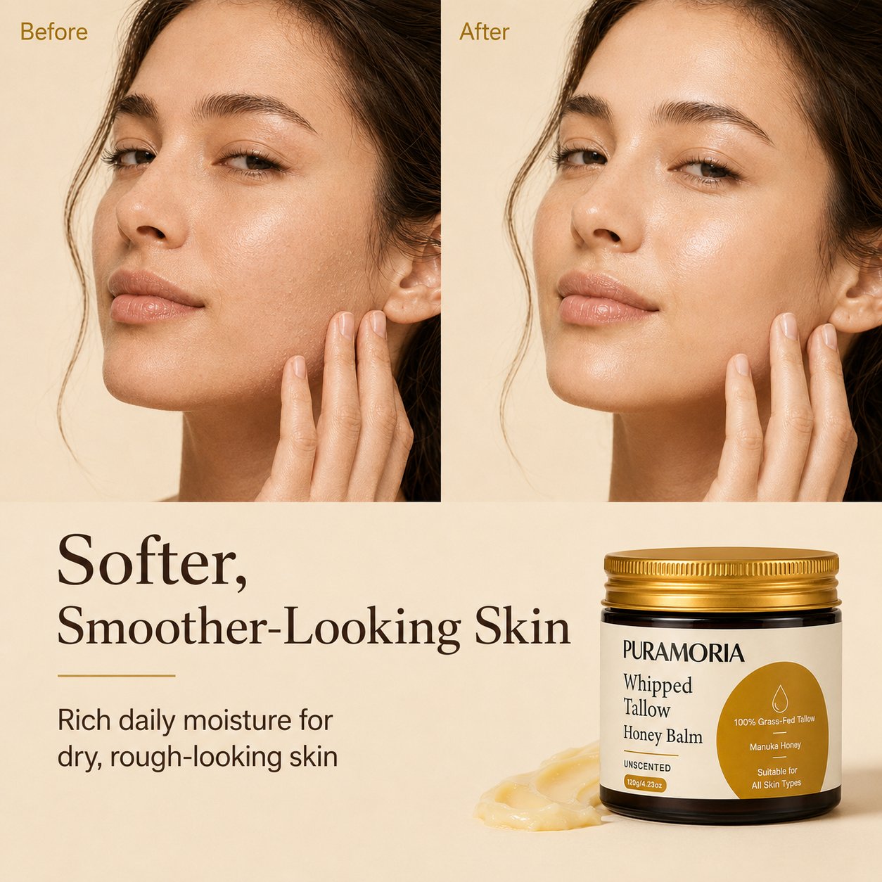 Before-and-after skin comparison graphic beside PURAMORIA Whipped Tallow Honey Balm for dry, rough-looking skin.