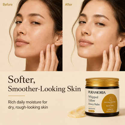 Before-and-after skin comparison graphic beside PURAMORIA Whipped Tallow Honey Balm for dry, rough-looking skin.
