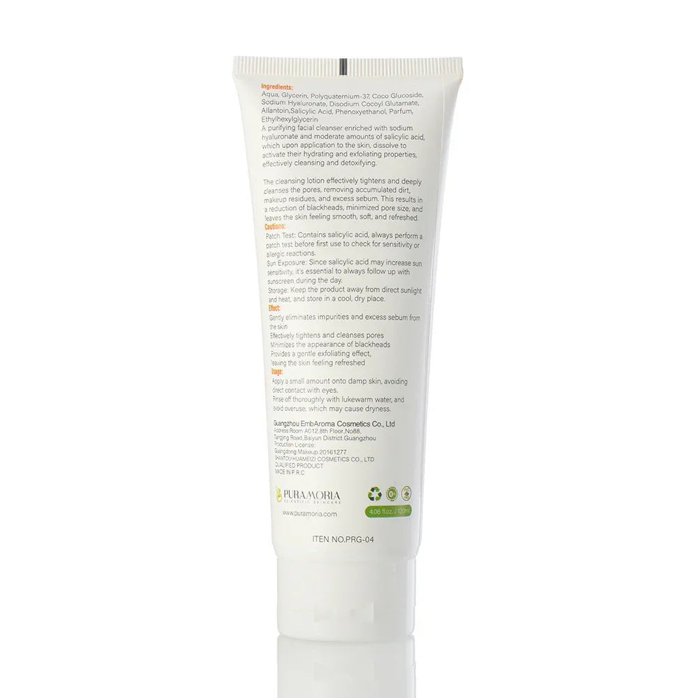 Information on Puramoria BHA Hyaluronic Acid Cleanser benefits: deep cleanses, hydrates, and balances skin.