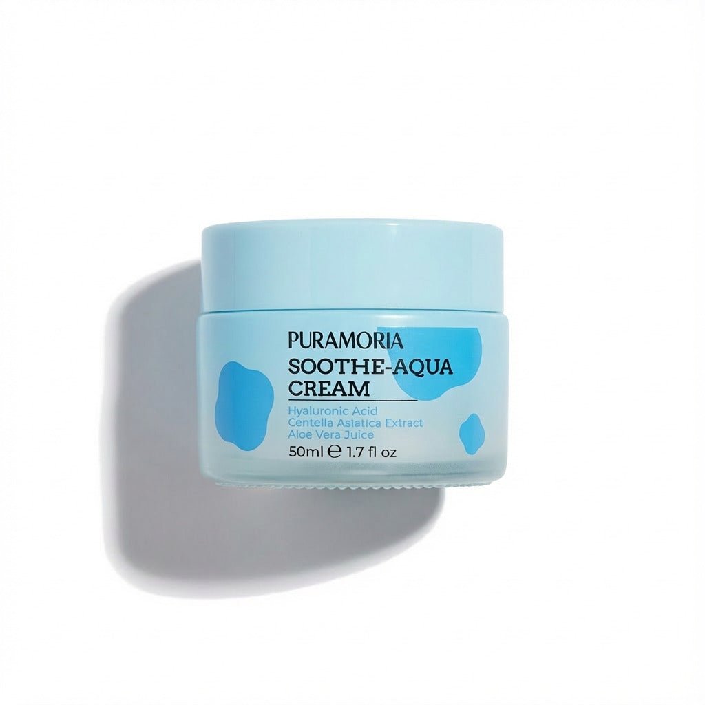 PURAMORIA Aqua-Soothe Hydrating Face Cream pump bottle on a white background.