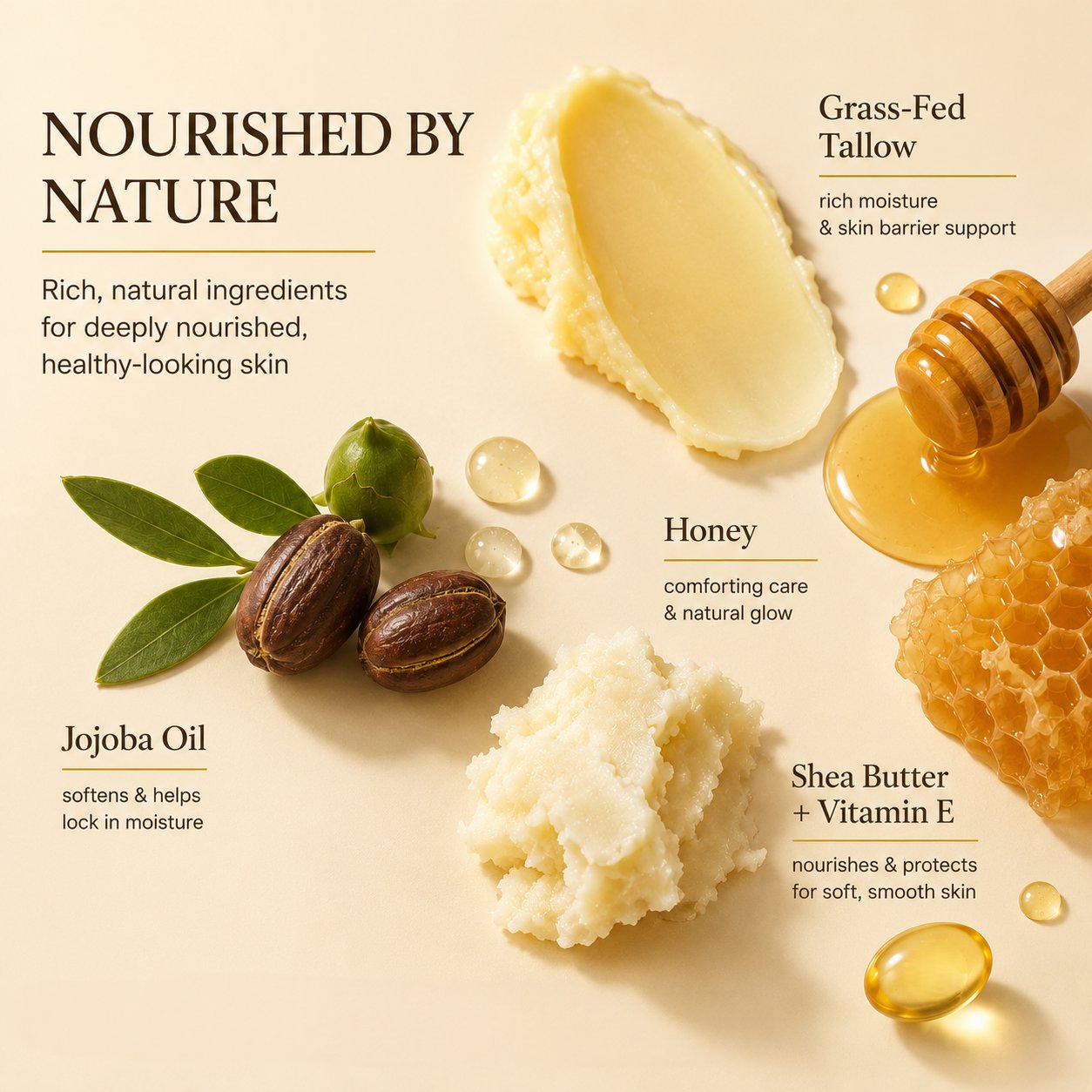 Ingredient layout for PURAMORIA Whipped Tallow Honey Balm with grass-fed tallow, honey, jojoba oil, shea butter, and vitamin E.