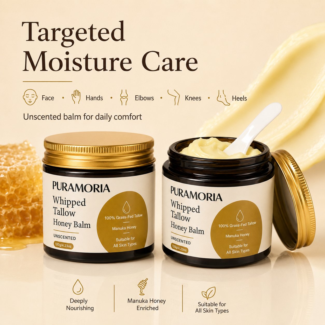 Open and closed jars of PURAMORIA unscented Manuka honey tallow balm for targeted moisture on the face, hands, elbows, knees, and heels.