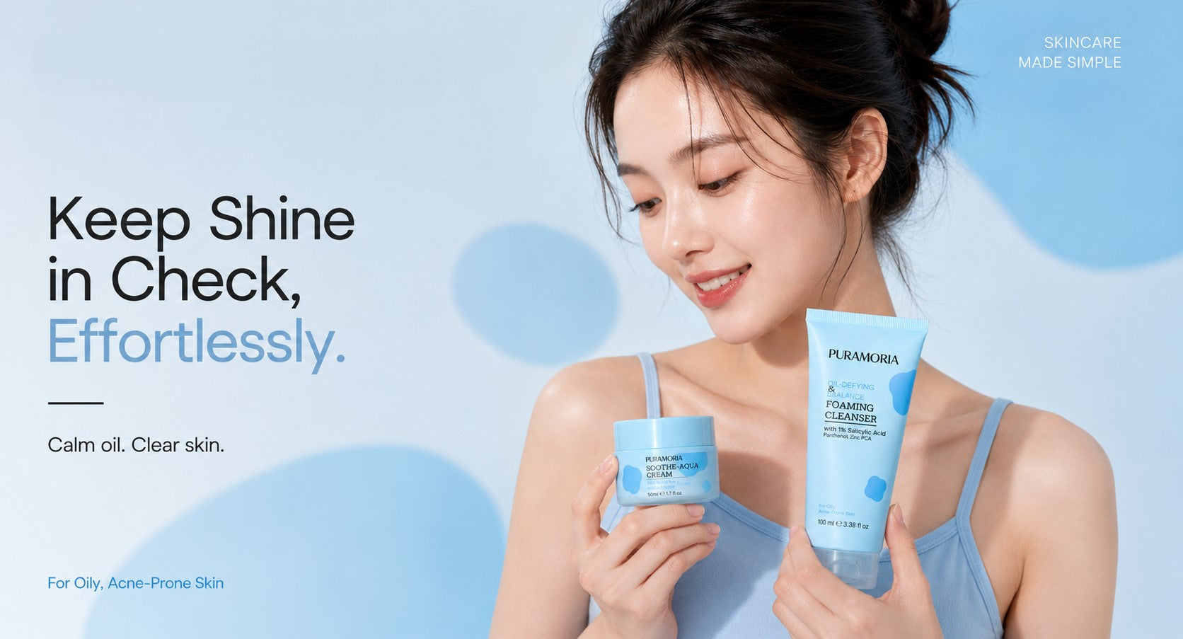 PURAMORIA Cleanse, Calm & Hydrate skincare bundle. A two-step routine combining an oil-controlling Salicylic Acid face wash and a soothing Hyaluronic Acid cream to purify and calm acne-prone complexions.