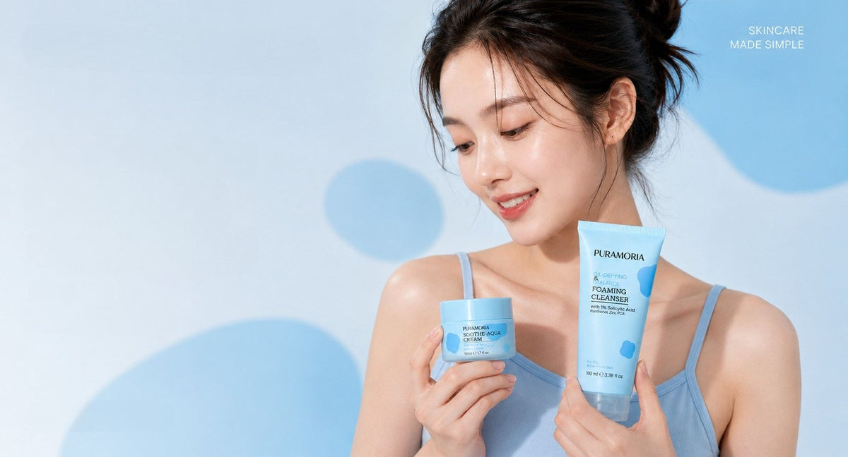 PURAMORIA Cleanse, Calm & Hydrate skincare bundle. A two-step routine combining an oil-controlling Salicylic Acid face wash and a soothing Hyaluronic Acid cream to purify and calm acne-prone complexions.