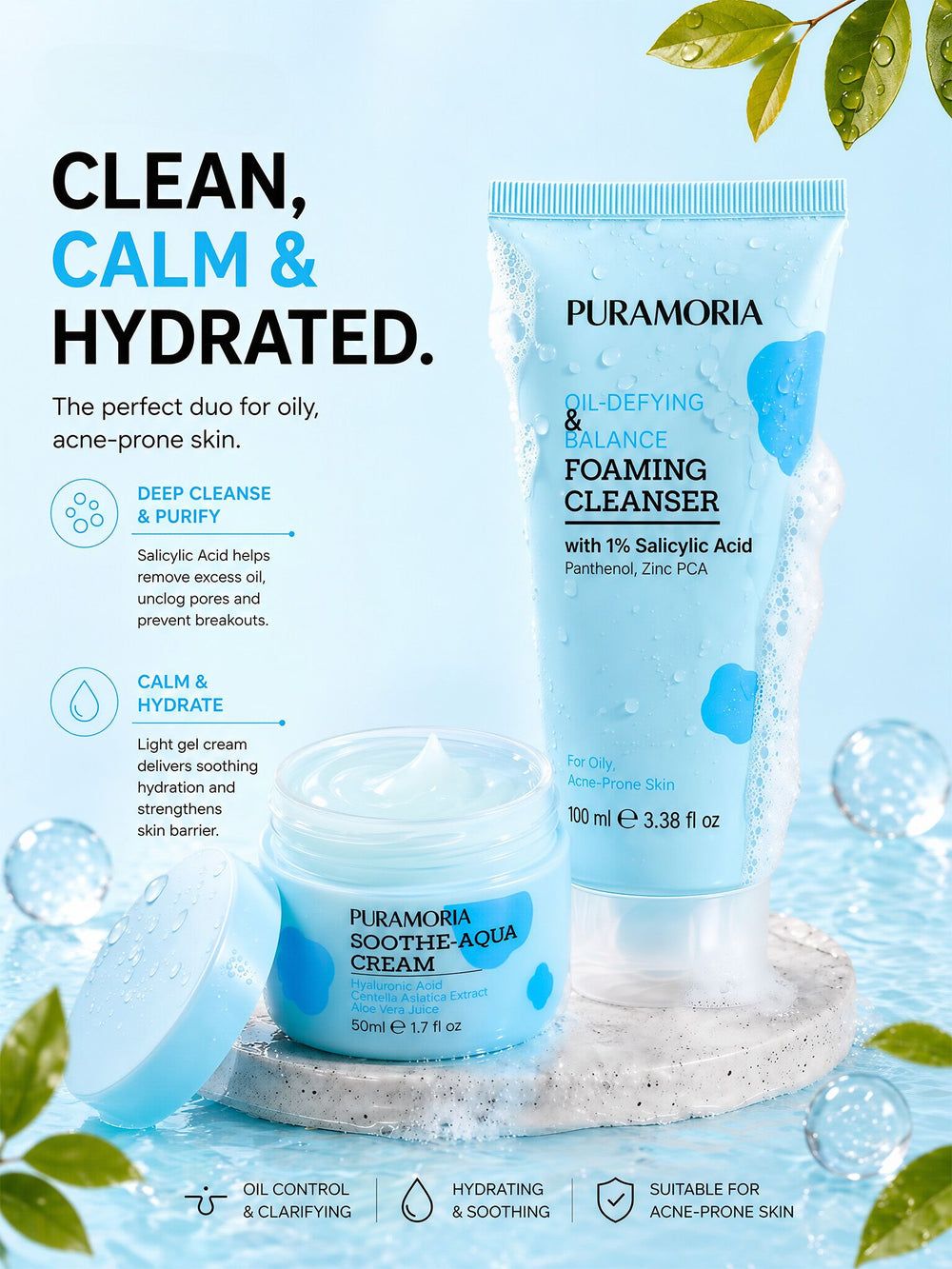 PURAMORIA Cleanse, Calm & Hydrate skincare bundle. A two-step routine combining an oil-controlling Salicylic Acid face wash and a soothing Hyaluronic Acid cream to purify and calm acne-prone complexions.