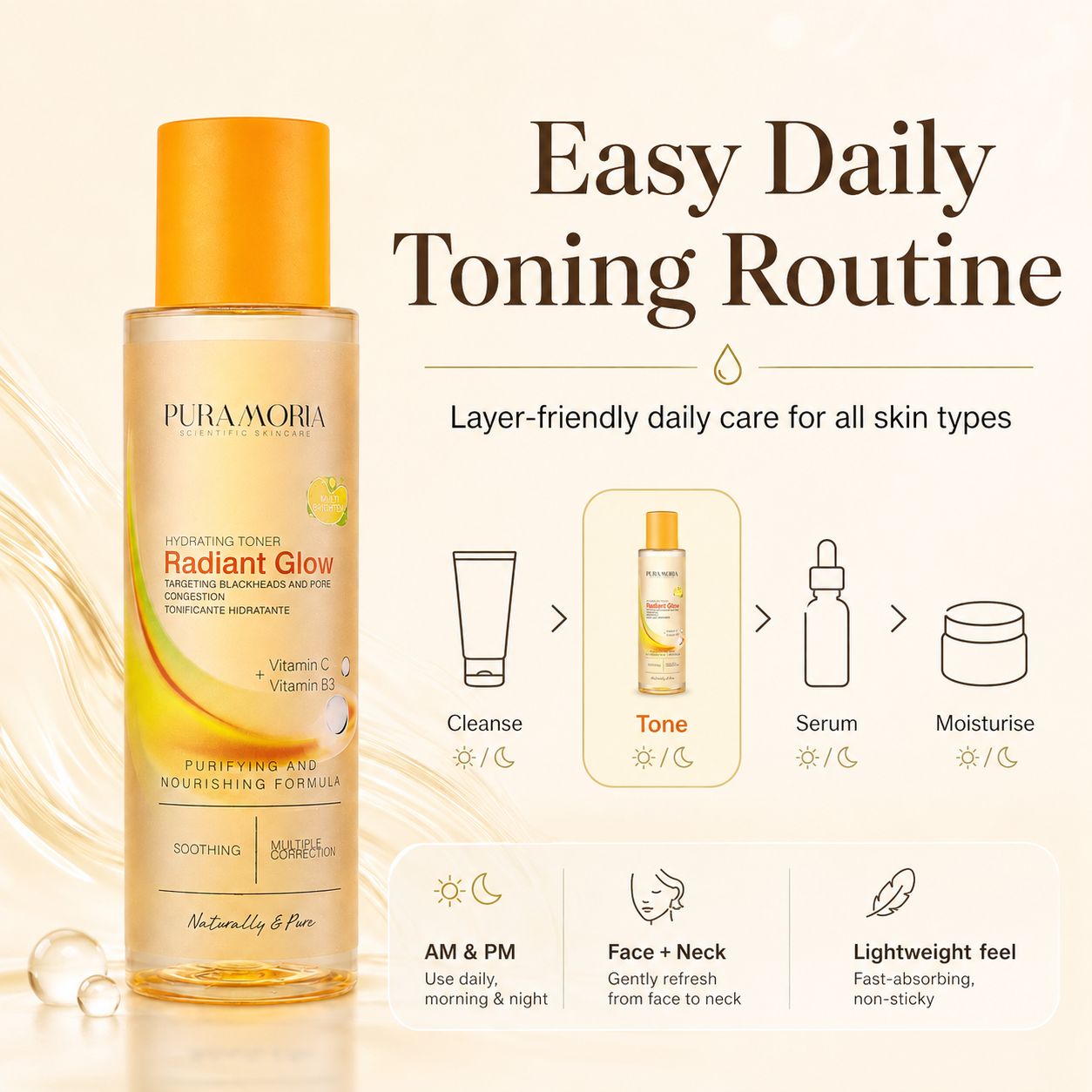 How to use PURAMORIA Radiant Glow toner after cleansing before serum and moisturizer