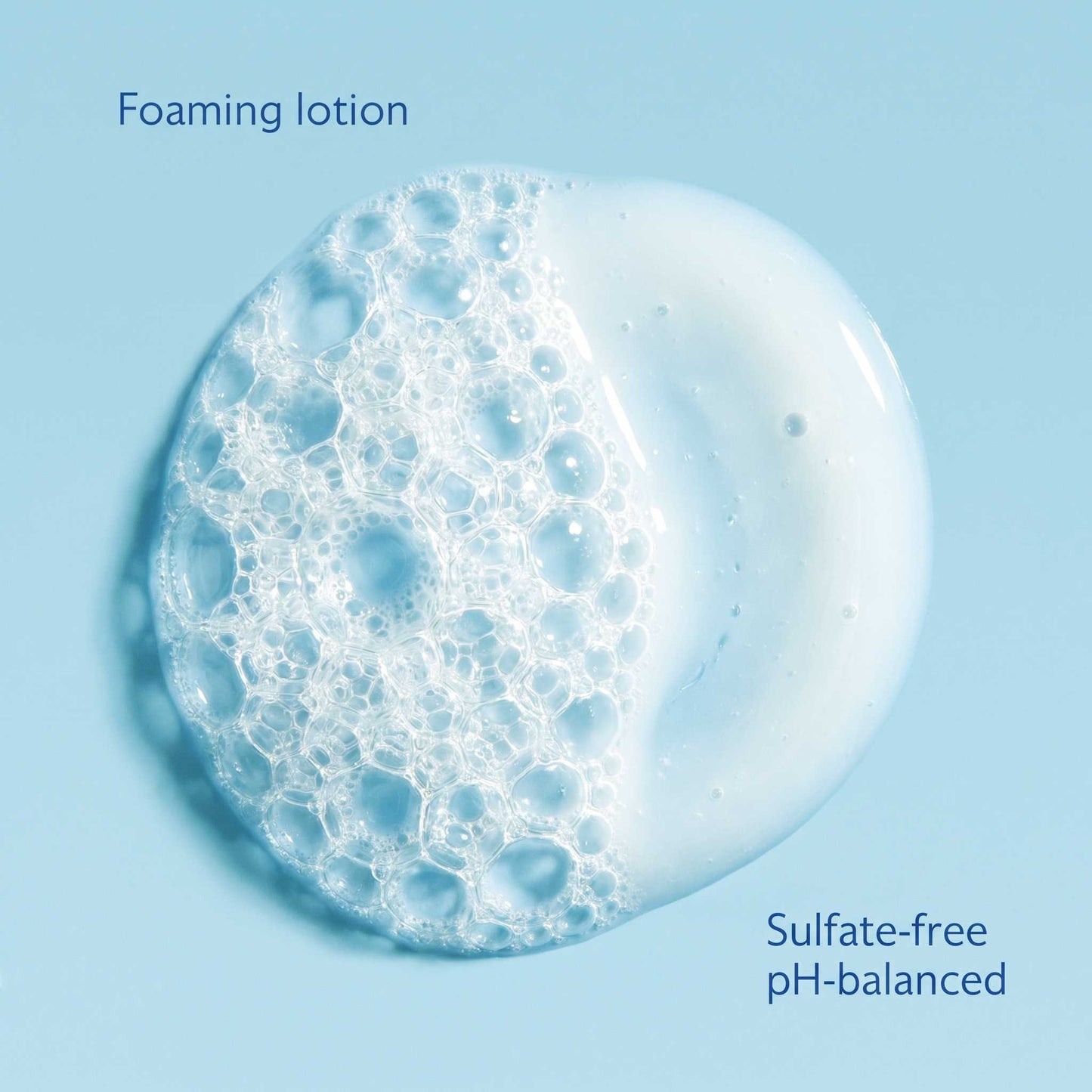 Detailed texture swatch visualization showing clear gel texture of PURAMORIA 1% salicylic acid anti-acne foaming cleanser transforming into dense patches of small bubbles, against a light blue background with visible callout text for 'Foaming lotion', 'Sulfate-free', and 'pH-balanced'