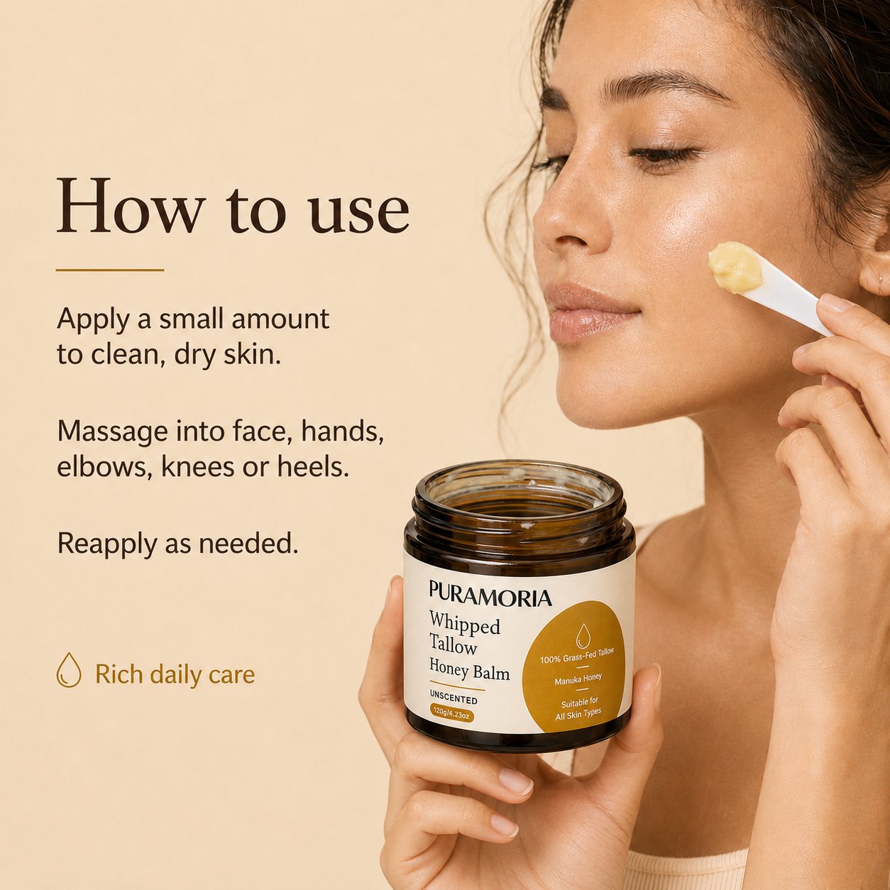 Woman applying PURAMORIA Whipped Tallow Honey Balm to clean facial skin, with directions for the face, hands, elbows, knees, and heels.