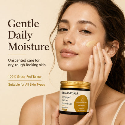 Woman applying PURAMORIA unscented grass-fed tallow balm to her cheek while holding the 120g amber jar.