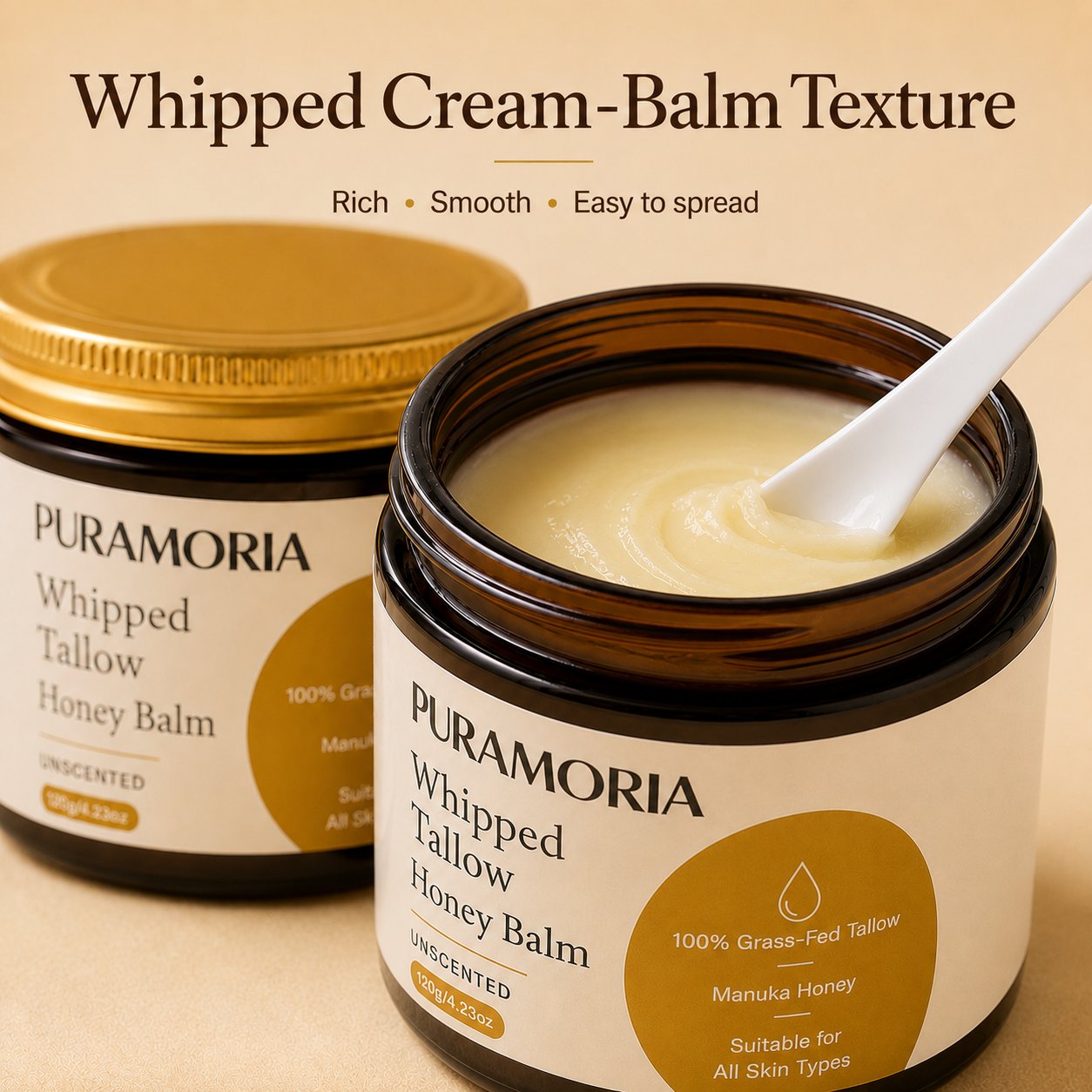 Close-up of PURAMORIA Whipped Tallow Honey Balm in an amber jar, showing its rich, smooth, easy-to-spread cream-balm texture.